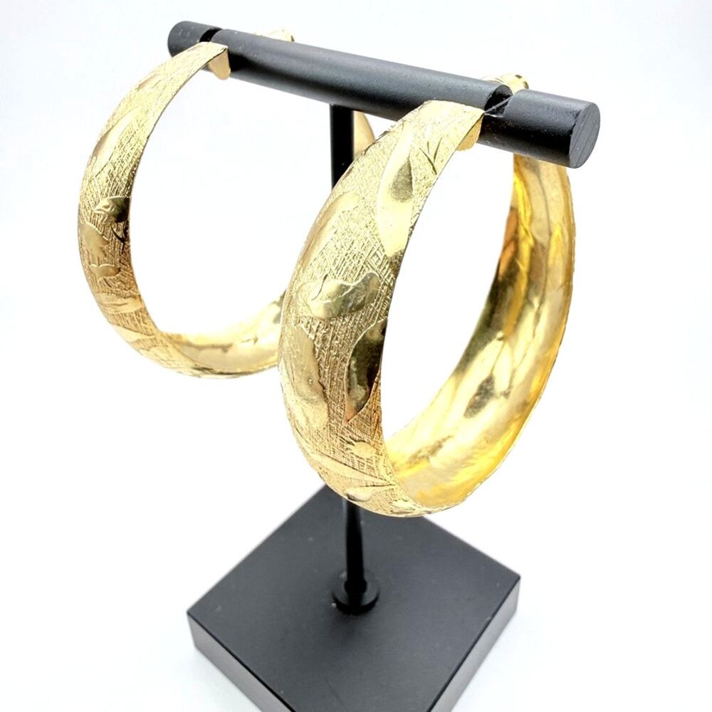 Large Mid-Century Style Floral Etched 10K Gold Plated Hoop Earrings